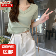 正肩短袖T恤女v領(lǐng)美式復(fù)古夏季設(shè)計(jì)感短款上衣修身小個子RL#A011# A011#薄荷綠 2XL 【121-132斤】