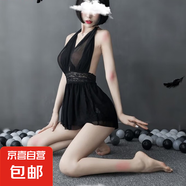 俏皮可愛純欲性感妹妹水嫩少婦系列高開叉包臀顯瘦系帶吊帶裙 女式深V性感露背雙層網(wǎng)紗透視掛脖睡裙（黑色）995 均碼