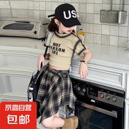 女童短袖短裙套裝夏季女孩休閑T恤不規則格子裙褲又酷又颯連衣裙 套裝 160