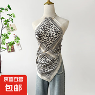 油畫上衣女夏季新款海邊度假辣妹掛脖吊帶小背心短款小上衣絲巾 DD7002-米白豹紋 均碼