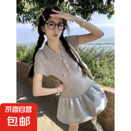韓系灰色針織POLO領(lǐng)假兩件連衣裙女夏季純欲氣質(zhì)修身顯瘦收腰短裙 灰色 【KK-R2083】 S