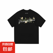PIRKADAT美式創(chuàng)意花卉字母Logo印花寬松休閑百搭圓領(lǐng)落肩短袖T恤 黑色 2XL