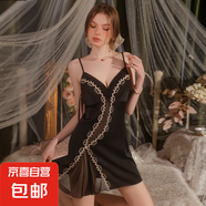 緞面加胸墊深V加胸墊網(wǎng)紗拼接系帶鏤空誘惑吊帶睡裙外袍睡衣套裝 黑色（睡裙） M 80-105