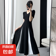 赫本風(fēng)黑色連體褲女夏感氣質(zhì)法式復(fù)古拼接撞色顯瘦連衣長(zhǎng)裙6836 黑色 XL 【120-130斤】
