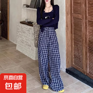 藍(lán)色復(fù)古格子休閑褲闊腿褲女春夏高腰慵懶風(fēng)寬松格紋褲直筒褲長褲 藍(lán)色 【MY-K61】 M