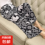 棉綢睡褲女夏季薄款人造棉防蚊褲闊腿褲綿綢2025年新款沙灘褲子 黑白大象 M （建議80-110斤）