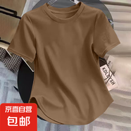 早春純棉正肩修身不規(guī)則短袖t恤女圓弧形下擺設(shè)計(jì)感小眾顯瘦上衣 958-卡其色 M 建議95-115斤