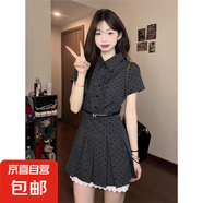 韓系復(fù)古假兩件波點(diǎn)短袖連衣裙女夏季學(xué)院風(fēng)穿搭收腰顯瘦a字短裙 灰色 XL