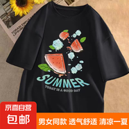 T恤男女同款五分袖半袖體恤潮流卡通情侶寬松五分袖夏季衣服件 西瓜黑色 5XL