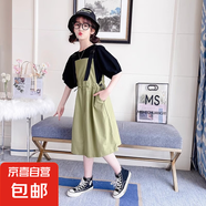 女童套裝2025夏季兒童中大童時尚洋氣寬松T恤背帶裙子童裝兩件套 卡其色 140