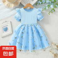 跨境外貿(mào)歐美風夏季衣服女童公主裙子嬰幼兒小寶寶網(wǎng)紗兒童連衣裙 藍色 120 cm【5-6】