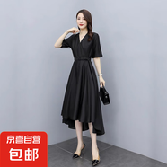 2025年時尚新款雪紡連衣裙女夏V領(lǐng)黑色御姐輕熟風(fēng)赫本小黑長裙子 黑色 SBY21B0330 M