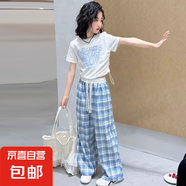 女童夏季短袖套裝2025新款兒童設計感抽繩t恤韓系甜美格子長(cháng)褲潮 藍色 套裝 130