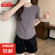 夏韓版圓領(lǐng)弧形下擺短袖t恤女修身不規(guī)則純欲風(fēng)上衣短款RL#A007# A007#灰色 L 【91-102斤】
