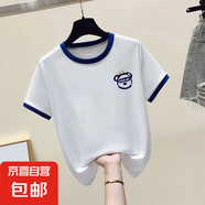 涼感撞色冰絲純棉短袖白色t恤女夏季新款寬松衣服正肩上衣779# 0218綠色領 XL 參考115-130斤