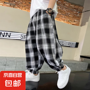 男童褲子夏季薄款格子防蚊褲2025新款兒童夏裝中大童燈籠褲帥氣潮 黑白格 130