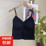夏季新款蕾絲吊帶背心女帶胸墊一體式固定杯無痕薄款外穿美背內(nèi)衣 黑色-1件裝 均碼 (建議80-130斤)