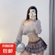 情趣內衣制服誘惑學生jk格子超短裙低領口毛衣套裝百褶裙 灰毛衣+灰格裙 1089 均碼