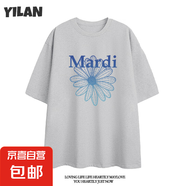220克純棉Mardi小雛菊印花短袖t恤顯瘦半袖上衣女休閑T上衣B701YL 淺灰色【2692藍】 2XL