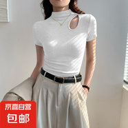 【都市麗人制造商】灰色半高領(lǐng)短袖t恤女修身內搭鏤空半袖上衣 白色【鏤空款】 L  【102-114斤】
