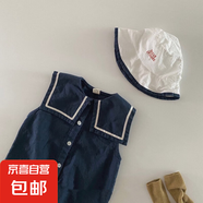 韓版ins海軍風連體衣服夏季薄款嬰兒海軍領(lǐng)爬服男女寶寶包屁衣 藏藍色 80cm