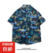 東南亞夏威夷短袖花襯衫五分袖男女同款情侶沙灘度假夏季碎花襯衣 5110藏青色 3XL