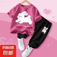 【2件套】女童夏裝套裝2025新款女孩衣服兒童短袖防蚊褲運(yùn)動服 小白兔莓紅+兔美美K黑 110