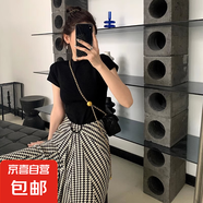【都市麗人制造商】純棉美式白色t恤女正肩短袖 歐貨顯瘦小高領(lǐng) 黑色 【螺紋小圓領(lǐng)】 M  【90-102斤】