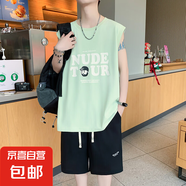 冰絲短袖套裝男士夏季休閑青少年背心坎肩無袖T恤運(yùn)動短褲兩件套 綠色套裝 L 【100-120斤】