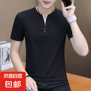 高品質(zhì)純棉男士短袖t恤夏季薄款半袖潮流V領(lǐng)體恤打底衫上衣修身WF YT120黑色 純棉T恤 M 建議90-110斤