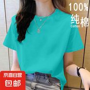 2025年新款夏裝純棉短袖t恤韓系寬松圓領(lǐng)休閑薄款大碼上衣體恤衫 湖綠【純色】 2XL 【建議125-135斤】