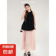 藍(lán)色無袖掛脖襯衫t恤女2025年夏季新款吊帶壓褶顯瘦露肩上衣裙子 黑色 L