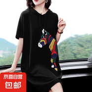 連衣裙女夏2025新款休閑t恤裙子慵懶風(fēng)胖m寬松大碼中長款印花上衣 黑色 黑色 3XL 【建議180-220斤】