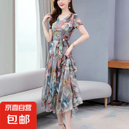短袖碎花連衣裙女夏季氣質(zhì)V領(lǐng)優(yōu)雅收腰顯瘦大擺裙沙灘長(cháng)裙J571 灰色 L （120-130斤）