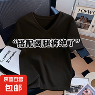 簡約時(shí)尚純棉短袖白t恤女夏季2025新款寬松體恤正肩上衣棉短T775# 純黑色V領(lǐng) 3XL 參考140-155斤