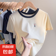 杏色棉質(zhì)短袖女裝夏季2025新款設計感刺繡T恤薄款華夫格顯瘦上衣 杏色 L