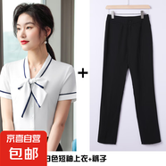 灰色蝴蝶結(jié)短袖白襯衫職業(yè)套裝女酒店空姐餐飲服務(wù)員工作服夏季 白色襯衫+黑色西褲（AS6972） M