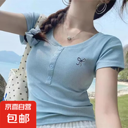 冰絲螺紋辣妹純欲蝴蝶結(jié)刺繡紐扣V領(lǐng)短袖T恤女顯瘦短袖上衣SJ#A11 天藍(lán)色 L 建議100-110斤