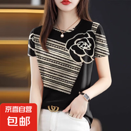 百搭遮肚減齡T恤上衣漂亮氣質(zhì)圓領(lǐng)短袖女好看輕薄今年流行別致 黑花斜條 XL 適合110-125斤