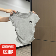 純棉螺紋短袖t恤女設(shè)計感褶皺夏季新款修身收腰顯瘦正肩上衣女885 花灰色0245蝴蝶結(jié)印花 M 建議90-100斤