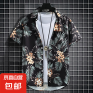 夏威夷花襯衫男短袖寬松大碼沙灘衫套裝情侶港風(fēng)復(fù)古潮流痞帥外套 黑花 CS88 XL