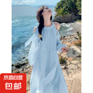 淺藍海邊度假連衣裙女2025春夏新款今年流行漂亮甜美露肩仙女裙子 藍色 M