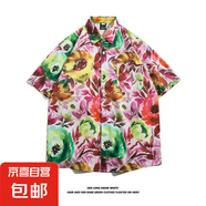 東南亞夏威夷短袖花襯衫五分袖男女同款情侶沙灘度假夏季碎花襯衣 5105紅色 L