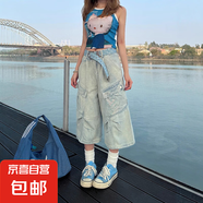 美式復(fù)古水洗做舊寬松牛仔工裝短褲女夏季街頭多口袋顯瘦七分褲 淺藍色 【MY-5225】 M