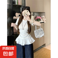 法式荷葉花邊下擺拼接白色短袖t恤女夏季設(shè)計感修身正肩小衫上衣 白色 M