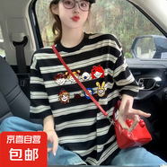 短袖t恤女2025夏季新款條紋寬松顯瘦圓領(lǐng)半袖體恤衫上 黑色條紋30078 L