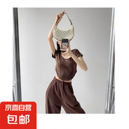 2025黑色魚(yú)骨綁帶短袖T恤女夏季短款修身高腰不規(guī)則露臍上衣 咖啡色 M
