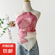 油畫上衣女夏季新款海邊度假辣妹掛脖吊帶小背心短款小上衣絲巾 DD7001-粉色花 均碼