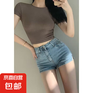 彈力牛仔褲高腰顯瘦黑色褲子緊身短褲直筒闊腿熱褲女夏季2023新款 灰色 M