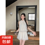 新款白色韓系掛脖無袖連衣裙氣質(zhì)短裙顯瘦套頭裙子女 杏色 M